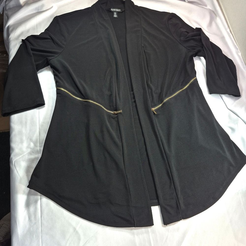 Ellen Tracy Black Draped Open-Front Cardigan Gold Zip Detail Woman's Large - Picture 5 of 13